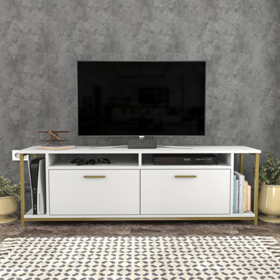 Decorotika Omar TV Unit - 2 Door 4 Shelf - White and Gold - Metal Frame - 160cm Wide - For TVs up to 72" - Image 4