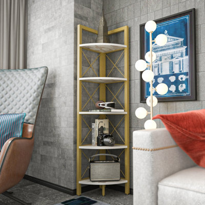 B&Q -  Remo Corner Bookcase Shelving Unit White Marble Effect & Gold
