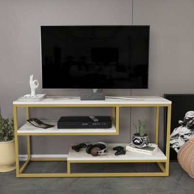 B&Q -  Lorin Tv Stand Tv Unit For Tvs Up To 55 Inch White Marble Effect And Gold