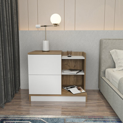 Decorotika Rena 2 Drawer 3 Shelf White And Walnut Bedside Table - Image 4