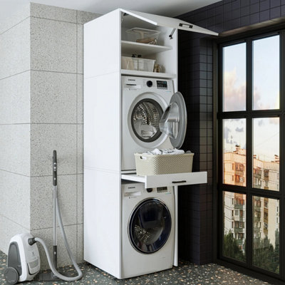 B&Q -  Tall Washer Dryer Cabinet With Pull Out Shelf And Top Storage Cupboard White Vertical Stack Unit