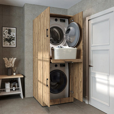B&Q -  Dora Cabinet For Dryer And Washing Machine With Doors And Pull Out ShelfOak Effect