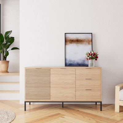 140Cm Wide Modern Fluted Sideboard With 2 Drawers & 3 DoorsOak Effect Cabinet With Black Metal Legs (Alya) from B&Q