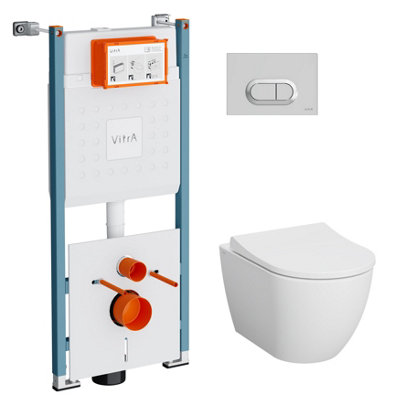 Vitra Koa White Rimless Slim Round Wall Hung Toilet Set With Soft Close Seat & Embedded Cistern & Frame from B&Q