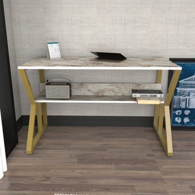 Decorotika White/Gold Wake Study And Writing Desk Marble Effect And
