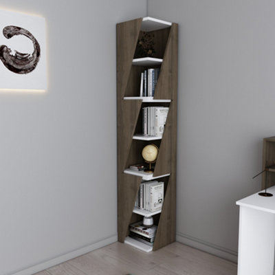 B&Q -  Arrow 6-Tier Corner BookcaseBookshelfShelving Unit Walnut & White