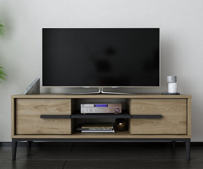 B&Q -  Eslem Tv StandTv CabinetTv Unit With Two Shelves And Two CabinetsOud Oak Pattern And Black