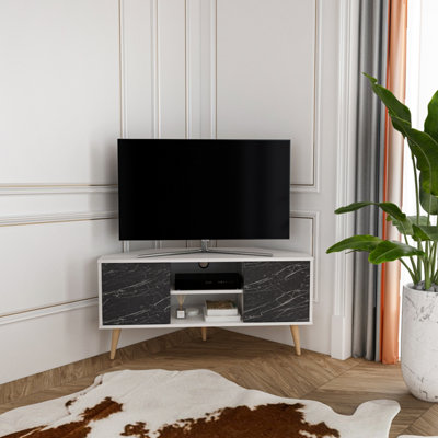 B&Q -  Lesson Corner Tv Stand Tv Unit Tv Cabinet For Tvs Up To 55 Inch White & Black Marble Effect