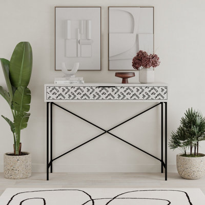 B&Q -  Modern Heaton Console 1-Drawer Storage Sideboard Elegant Metal Legs 110(W)Cm Ancient White