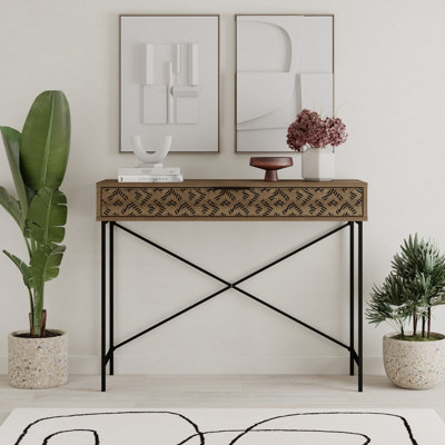 B&Q -  Modern Heaton Console 1-Drawer Storage Sideboard Elegant Metal Legs 110(W)Cm Dark Oak Effect