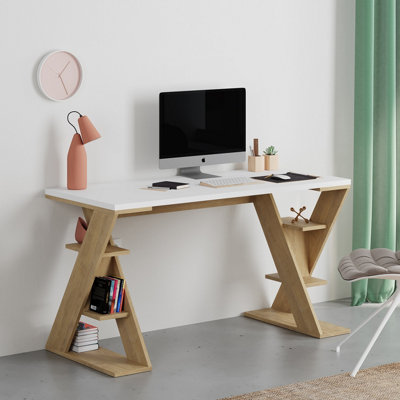 Decortie Papillon Modern Desk WhiteOak With Bookshelf Legs Width 137Cm from B&Q