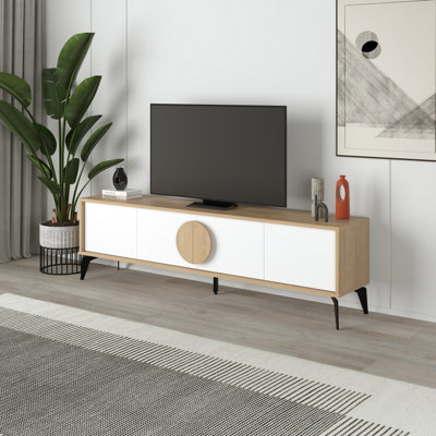Decortie Gora Modern Tv Unit Oak, 180(W)Cm With 4 Doors Storage Tv Cabinet Entertainment Metal Legs White