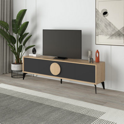 Decortie Gora Modern Tv Unit Oak, Silky 180(W)Cm With 4 Doors Storage Tv Cabinet Entertainment Metal Legs Grey/Black