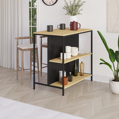 B&Q -  Modern Detroit Bar Table OakSilky Grey Black Dining Room Table W/metal LegsOpen Shelf Kitchen Organiser 100(W)60(D)Cm