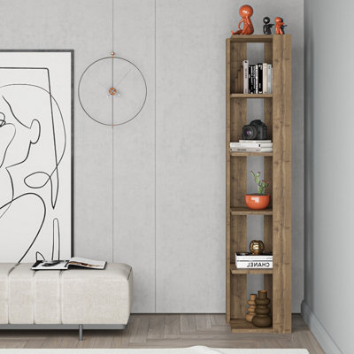 Decortie Dark Nati Tall Corner Bookcase Modern Shelving Unit Space-Saving Storage Oak Effect 161Cm