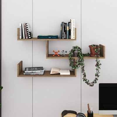 Decortie Dark Modern Tibet Wall Mounted Shelf Display Unit Oak Effect W Wide 119Cm