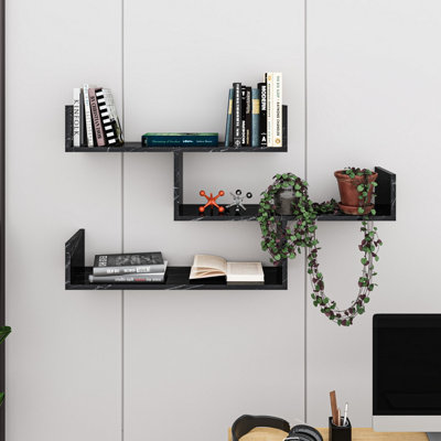 Decortie Black Modern Tibet Wall Mounted Shelf Display Unit Gloss Marble Effect W Wide 119Cm