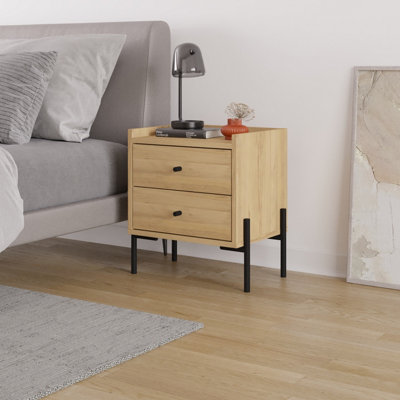 B&Q -  Modern Malta Nightstand Oak W/ 2 Drawers Storage Cabinet Organiser Side Bedside Table Metal Legs 48.6(W)Cm BedroomHome