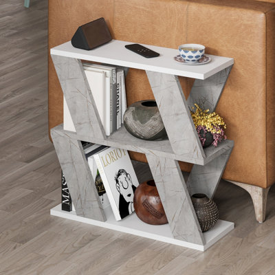 B&Q -  Lazena Modern 3-Tier Slim Side Coffee Table 60Cm Multipurpose WhiteGold Marble Effect Living Room H 55Cm