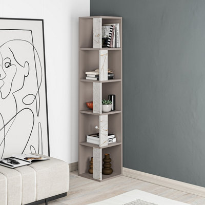 Decortie Grey/Gold Piano Modern Corner Bookcase Display Unit Mocha Marble Effect Tall 158.9Cm