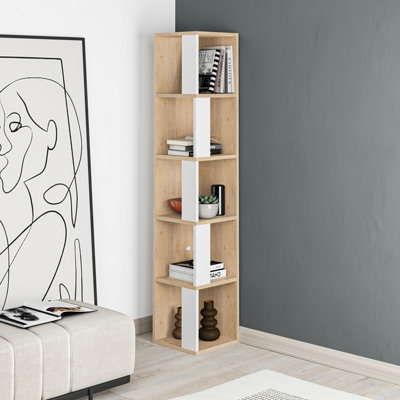 Decortie Piano Modern Corner Bookcase Display Unit Oak, Tall 158.9Cm White
