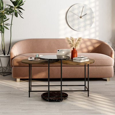 B&Q -  Modern Cuddle Coffee Tables Dark Oak Matte Black Marble Effect 2 Piece Nested Table Round W WheelsOval Table Metal Legs