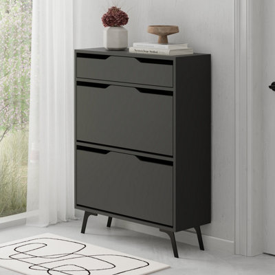 B&Q -  Modern Asta Shoe Cabinet Anthracite Grey 2 Storage Door For Shoes And Drawer Accessory Organizer 81.6(W)X29.5(D)X110(H)Cm