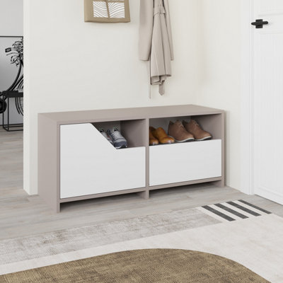 B&Q -  Modern Nexus Shoe Cabinet Mocha GreyWhite 105(W) 2-Door Storage And Open Shelf Space Saver Engineered Wood Hallway