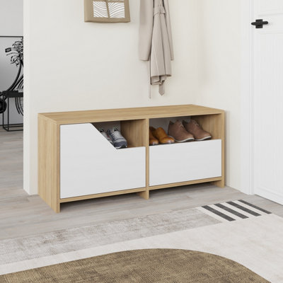 Decortie White Modern Nexus Shoe Cabinet Oak, 105(W) 2-Door Storage And Open Shelf Space Saver Engineered Wood Hallway 37Cm