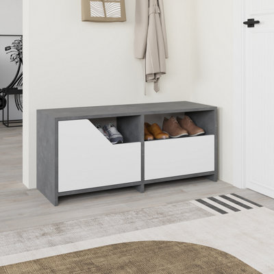 Decortie Grey/White Modern Nexus Shoe Cabinet Retro 105(W) 2-Door Storage And Open Shelf Space Saver Engineered Wood Hallway 37Cm