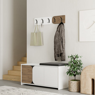 B&Q -  Modern Moni Shoe Cabinet White-Dark Oak Effect 3-Door Storage Cabinet With 5-Hook Organiser Set Fabric Seat