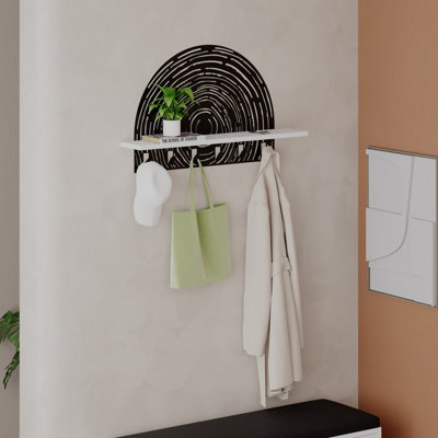 Decortie White Modern Pine Wall-Mount Coat Hanger Hooks Metal Laser-Cut Design Engineered Wood Shelf Storage Hallway Size 6