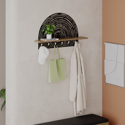 Decortie Modern Pine Wall-Mount Coat Hanger Dark Oak Effect 6 Hooks Metal Laser-Cut Design Engineered Wood Shelf Storage Hallway from B&Q