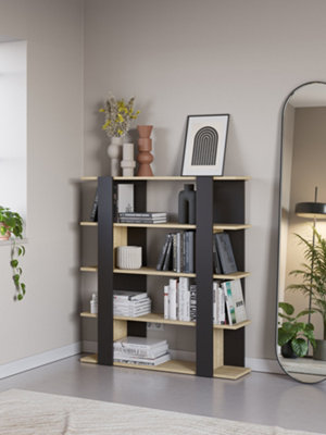 Decortie Tita 4 Tier Modern Bookcase Wall Mounted Shelving Unit Oak 122Cm Black