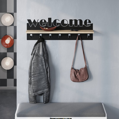 Decortie Modern Welcome Letter Wall Hanger Oak Metal 7 Metal Hooks For Hanging Shelf Rack Hotels Hallway Bedroom (Black) Black
