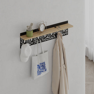 B&Q -  Novo Wall-Mounted Coat Rack Oak Metal 7 Hooks And Open Shelf Storage SpaceHallwayBedroom (Black Metal)