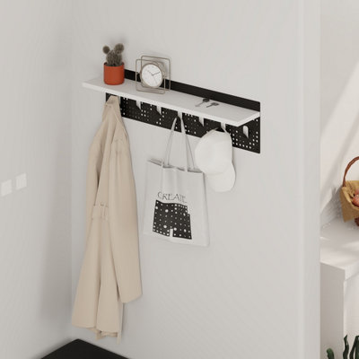 Decortie White Modern Hooks Wall Mounted Popy Hanger With Floating Shelf Laser-Cut Metal Surface Size 7