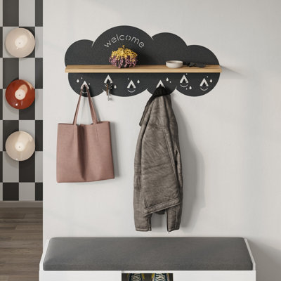 Decortie Cloudy Wall-Mounted Metal Hanger Oak Shelf With 6 Metal Hooks Welcome Cloud Shape Functional Storage Hanger Entryway White