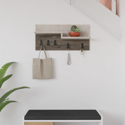 B&Q -  Harmon Modern Wall Mounted Coat Hanger With Open Shelf Gold Marble Dark Coffee 5 Black Metal Hooks