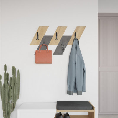 B&Q -  Modern Livy Wall-Mounted Hanger Oak Retro Grey Engineered Wood Geometric Shape 5 Black Metal Hook 75.2(W)X1.8(D)X45.3(H)