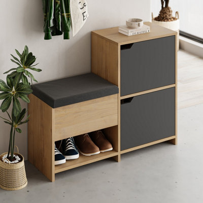 Decortie Modern Haven Shoe Bench OakAnthracite 101.5(W) Organiser Hallway 2 Cupboard Storage Cabinet 1 Open Shelf Fabric Seat