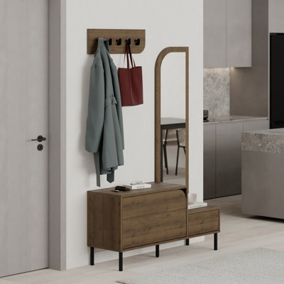 Decortie Modern Mila Coat Stand Set With Mirror And 2-Door Shoe Cabinet With 5 Metal Hooks Hanger 1.72(H)Cm Oak Effect Dark