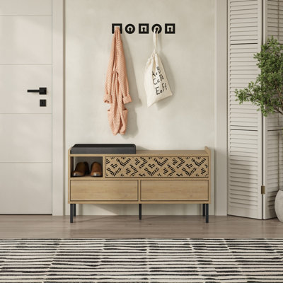 Decortie Heaton Shoe Bench Oak W/ Fabric Cushion Seat 3-Door Storage Cabinet 111(W)X37(D)X56.5(H)Cm Metal Legs Hallway from B&Q