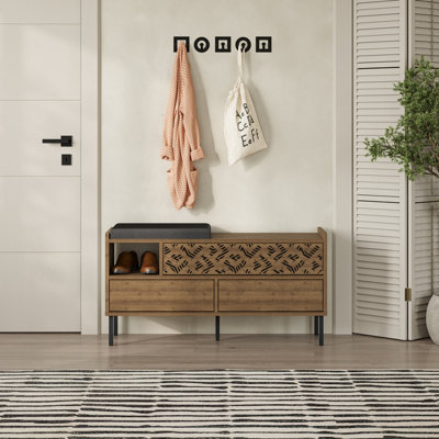 Decortie Heaton Shoe Bench Dark Oak Effect W/ Fabric Cushion Seat 3-Door Storage Cabinet 111(W)X37(D)X56.5(H)Cm Metal Legs Hallway from B&Q