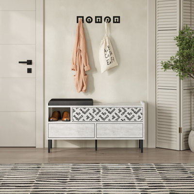 Decortie White Heaton Shoe Bench Ancient W/ Fabric Cushion Seat 3-Door Storage Cabinet 111(W)X37(D)X56.5(H)Cm Metal Legs Hallway 37Cm