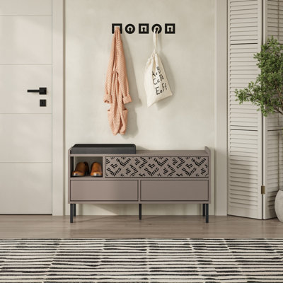 Decortie Heaton Shoe Bench Mocha Grey W/ Fabric Cushion Seat 3-Door Storage Cabinet 111(W)X37(D)X56.5(H)Cm Metal Legs Hallway from B&Q