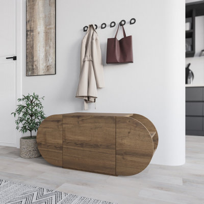 Decortie Modern Pozy Shoe Bench Storage Oak Effect 110(W)Cm Oval Shape 3-Door Minimal Organiser For Office, Hallway Dark