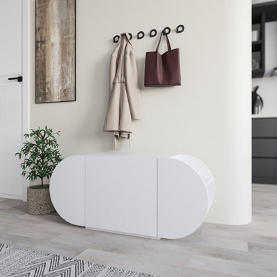 Decortie Modern Pozy Shoe Bench Storage 110(W)Cm Oval Shape 3-Door Minimal Organiser For Office, Hallway White