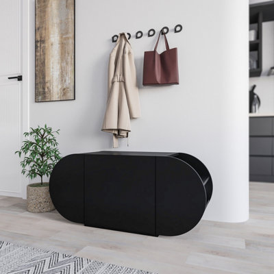 Decortie Modern Pozy Shoe Bench Storage 110(W)Cm Oval Shape 3-Door Minimal Organiser For Office, Hallway Black