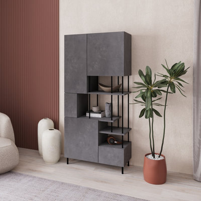 B&Q -  Modern Key Bookcase 5-Doors Storage Cabinet And Minimal Open Shelves Display Unit Metal Legs 84(W)X175(H)Cm Retro Grey